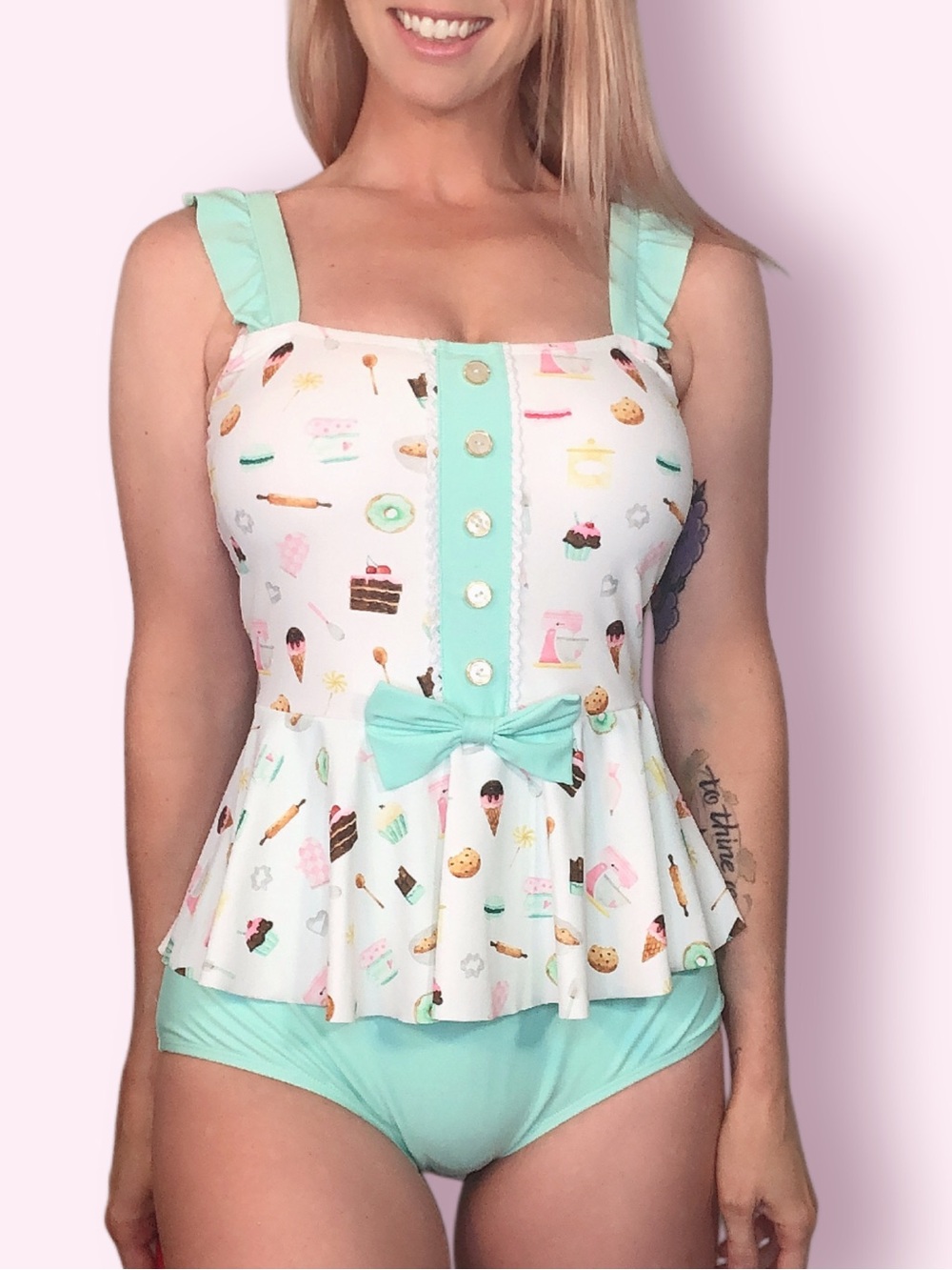 Retro Sweets Print Peplum Swimsuit SAMPLE NWT Small Mint & White Kawaii Coquette